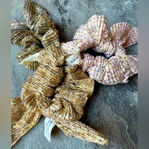 New🌟Anthropologie  metallic Patterned Hair Scarf Scrunchies, Set of 3 - Picture 2 of 2